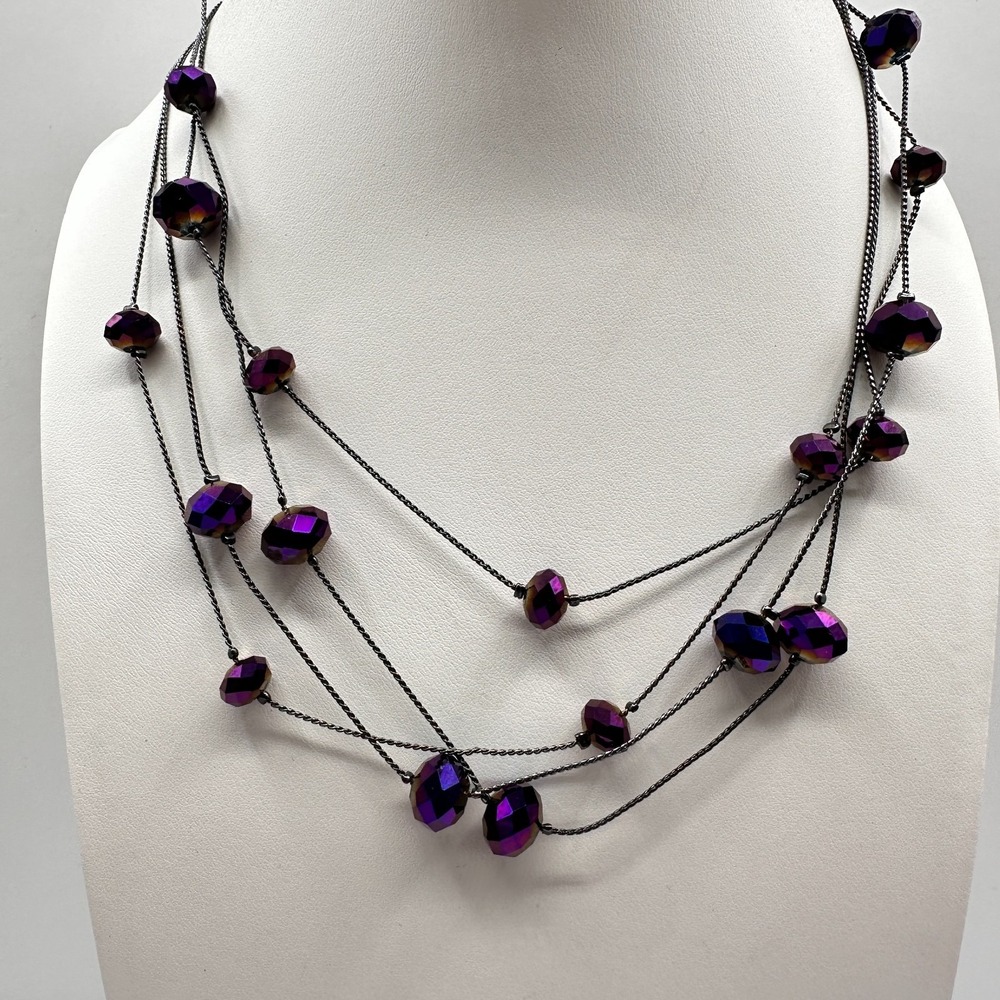 Vintage 90s Multi-Strand Purple Aurora Borealis Beaded Necklace Boho Y2K